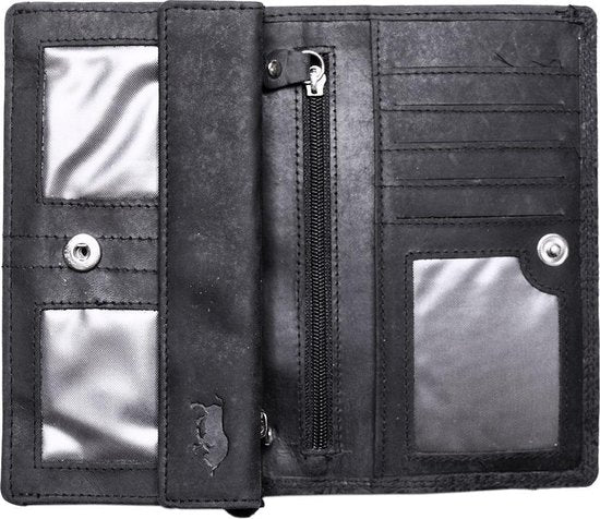 Dames portemonnee van zwart leer met bloemenprint en anti-skim bescherming - Arrigo.nl