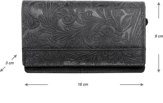 Dames portemonnee van zwart leer met bloemenprint en anti-skim bescherming - Arrigo.nl
