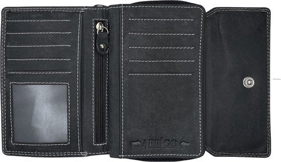 Dames portemonnee zwart leer met ruim rits vak portemonnee dames - Arrigo Leather Goods
