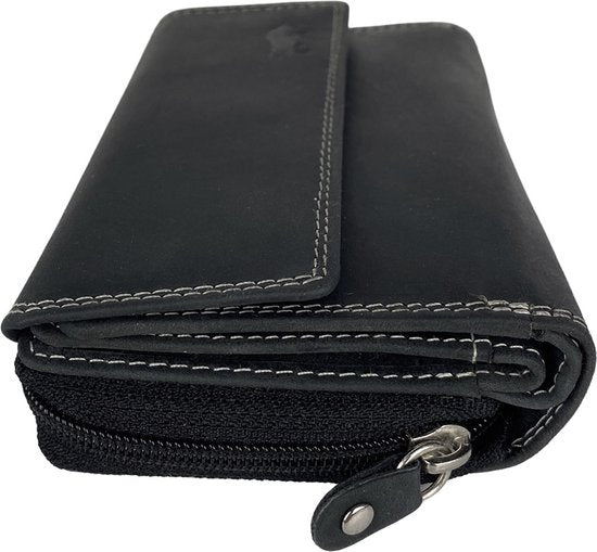 Dames portemonnee zwart leer met ruim rits vak portemonnee dames - Arrigo Leather Goods