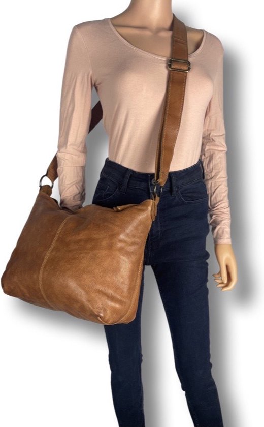 Dames schoudertas bruin leer schoudertas of crossbody tas lichtbruin vintage - Arrigo Leather Goods