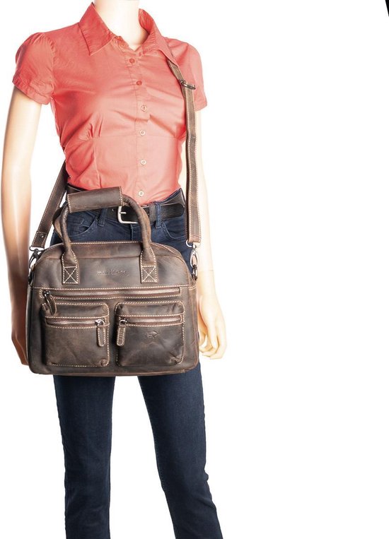 Dames tas buffelleer donkerbruin met een schouderriem en handvatten medium - Arrigo Leather Goods