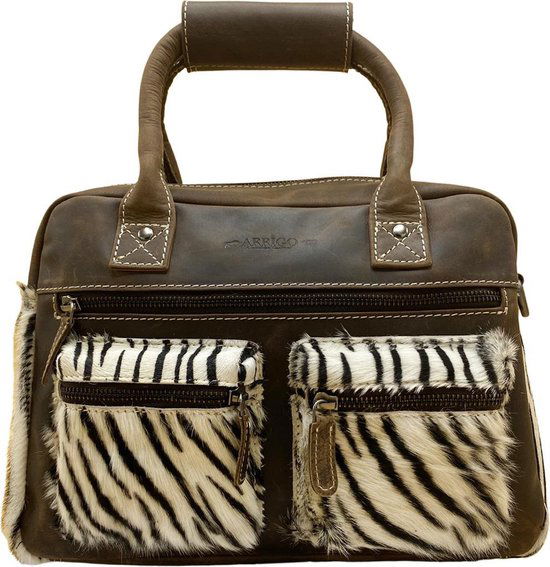 Dames tas donkerbruin leer met een zebra print dames schoudertas - Arrigo.nl