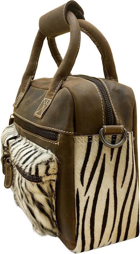 Dames tas donkerbruin leer met een zebra print dames schoudertas - Arrigo.nl