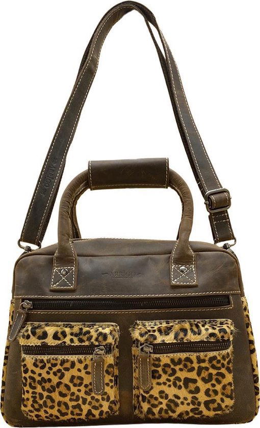 Dames tas donkerbruin leer met luipaard print leren handtas van - Arrigo.nl