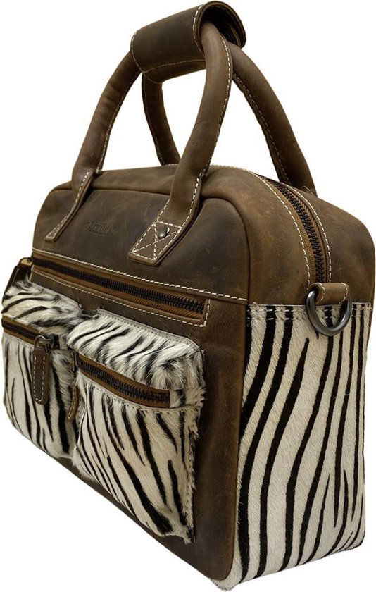 Dames tas lichtbruin leer met een zebra print dames schoudertas - Arrigo Leather Goods