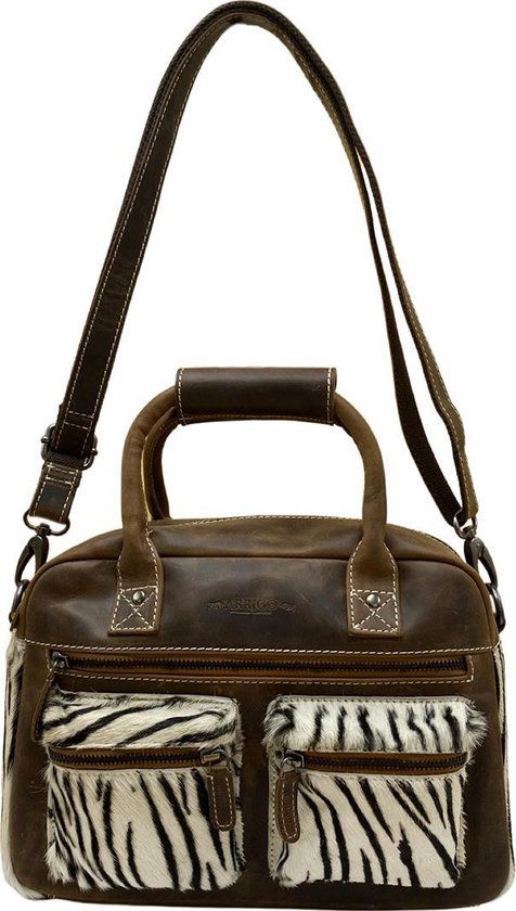 Dames tas lichtbruin leer met een zebra print dames schoudertas - Arrigo Leather Goods