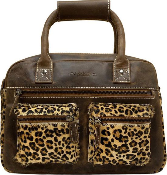 Dames tas lichtbruin leer met luipaard print leren handtas van - Arrigo Leather Goods