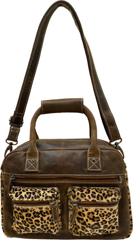 Dames tas lichtbruin leer met luipaard print leren handtas van - Arrigo Leather Goods