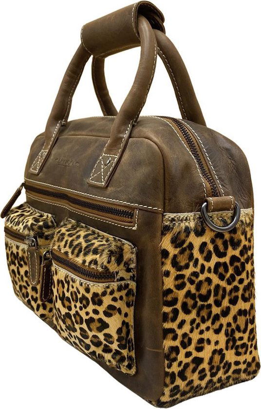 Dames tas lichtbruin leer met luipaard print leren handtas van - Arrigo Leather Goods