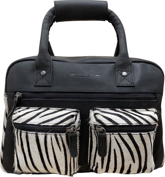 Dames tas zwart leer met een zebra print dames schoudertas - Arrigo Leather Goods