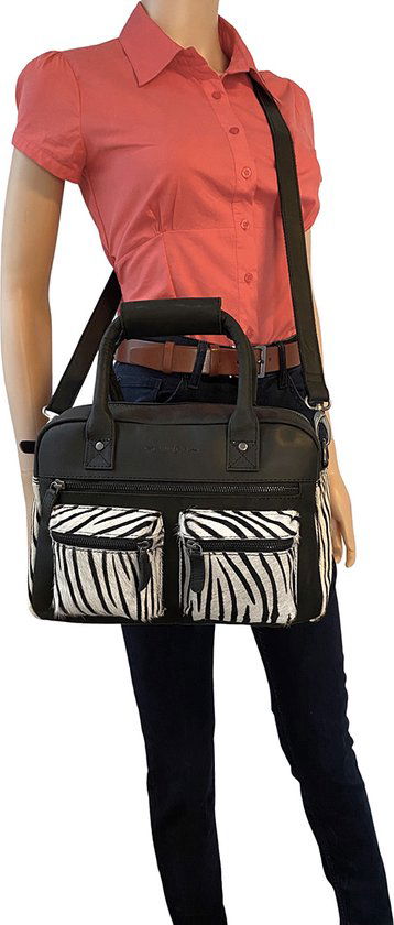 Dames tas zwart leer met een zebra print dames schoudertas - Arrigo Leather Goods