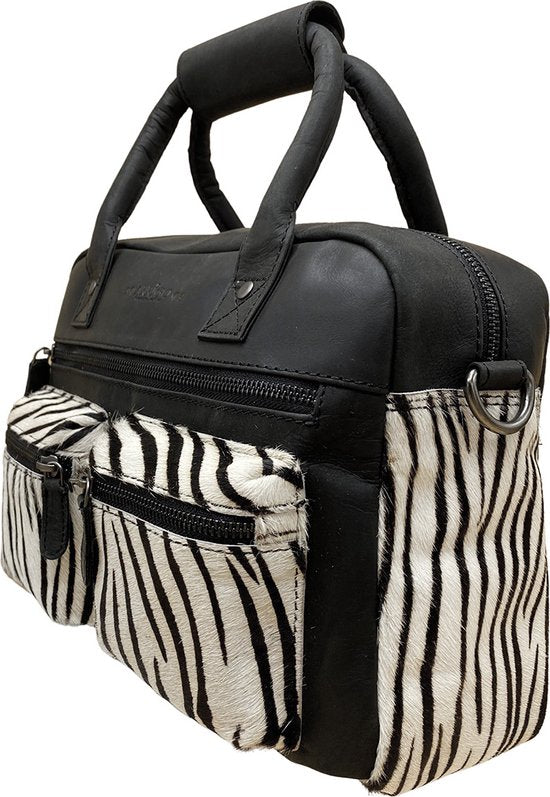 Dames tas zwart leer met een zebra print dames schoudertas - Arrigo Leather Goods