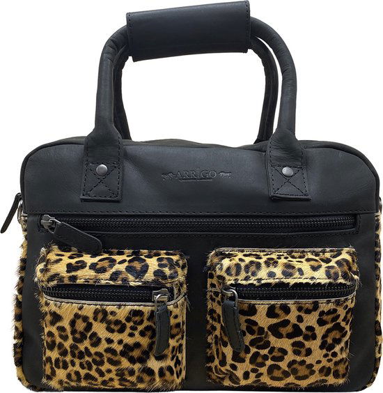 Dames tas zwart leer met luipaard print leren handtas van - Arrigo Leather Goods