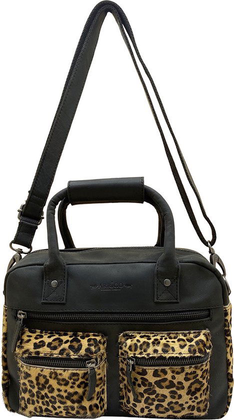 Dames tas zwart leer met luipaard print leren handtas van - Arrigo Leather Goods
