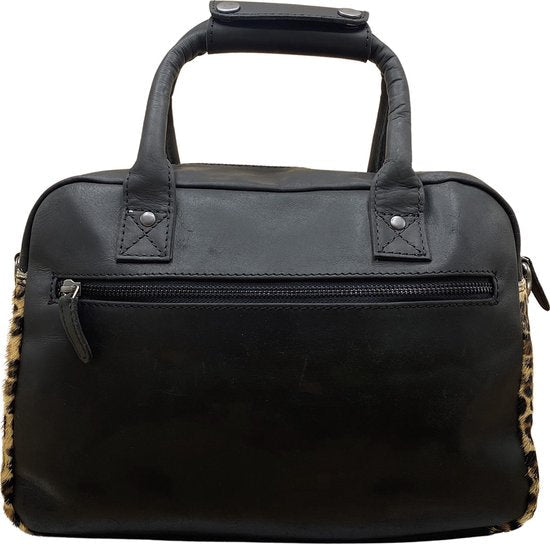 Dames tas zwart leer met luipaard print leren handtas van - Arrigo Leather Goods