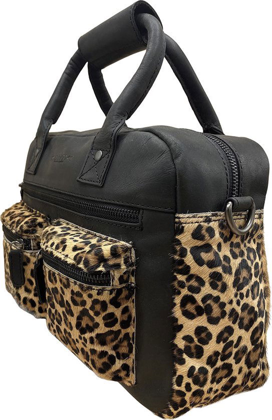 Dames tas zwart leer met luipaard print leren handtas van - Arrigo Leather Goods