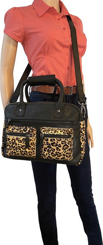 Dames tas zwart leer met luipaard print leren handtas van - Arrigo Leather Goods