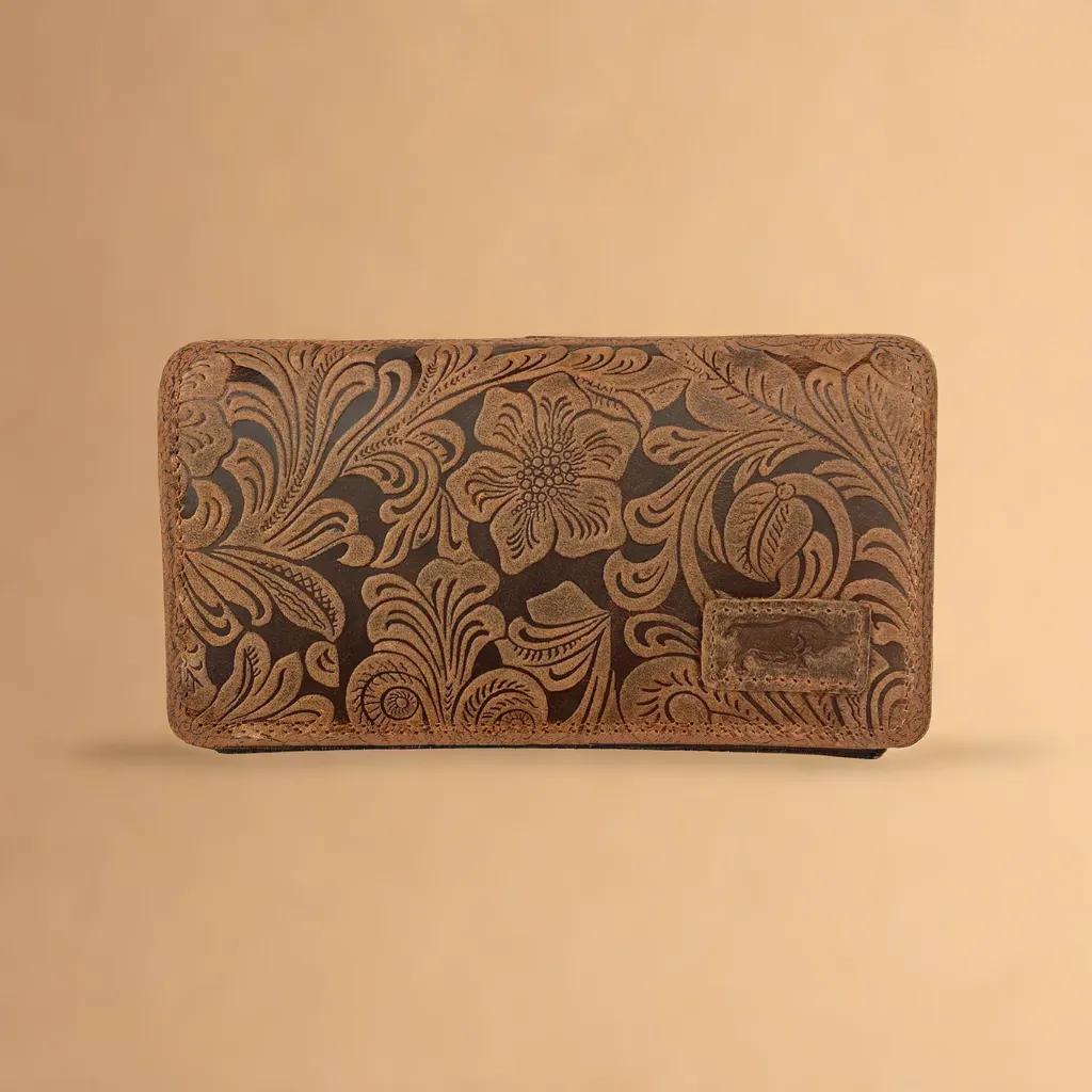 Damesportemonnee cognac van leer met bloemenprint en RFID-bescherming - Arrigo.nl