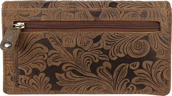 Damesportemonnee cognac van leer met bloemenprint en RFID-bescherming - Arrigo.nl
