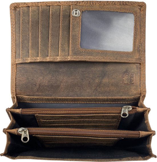 Damesportemonnee cognac van leer met bloemenprint en RFID-bescherming - Arrigo.nl