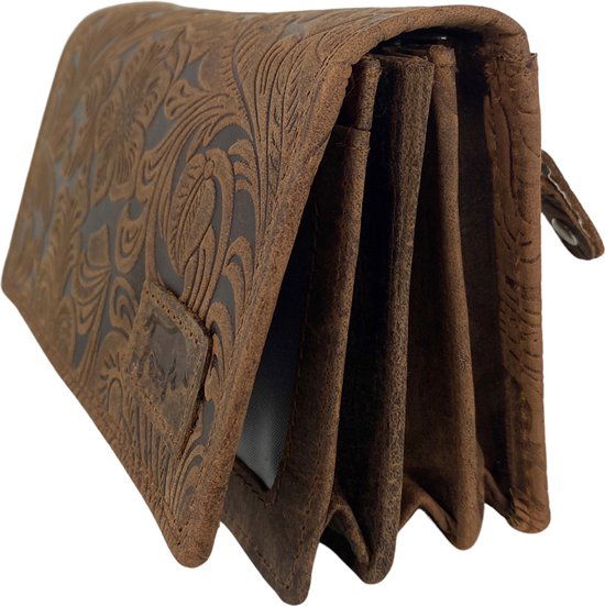 Damesportemonnee cognac van leer met bloemenprint en RFID-bescherming - Arrigo.nl