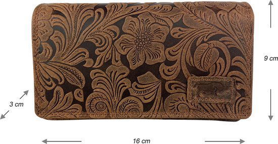 Damesportemonnee cognac van leer met bloemenprint en RFID-bescherming - Arrigo.nl