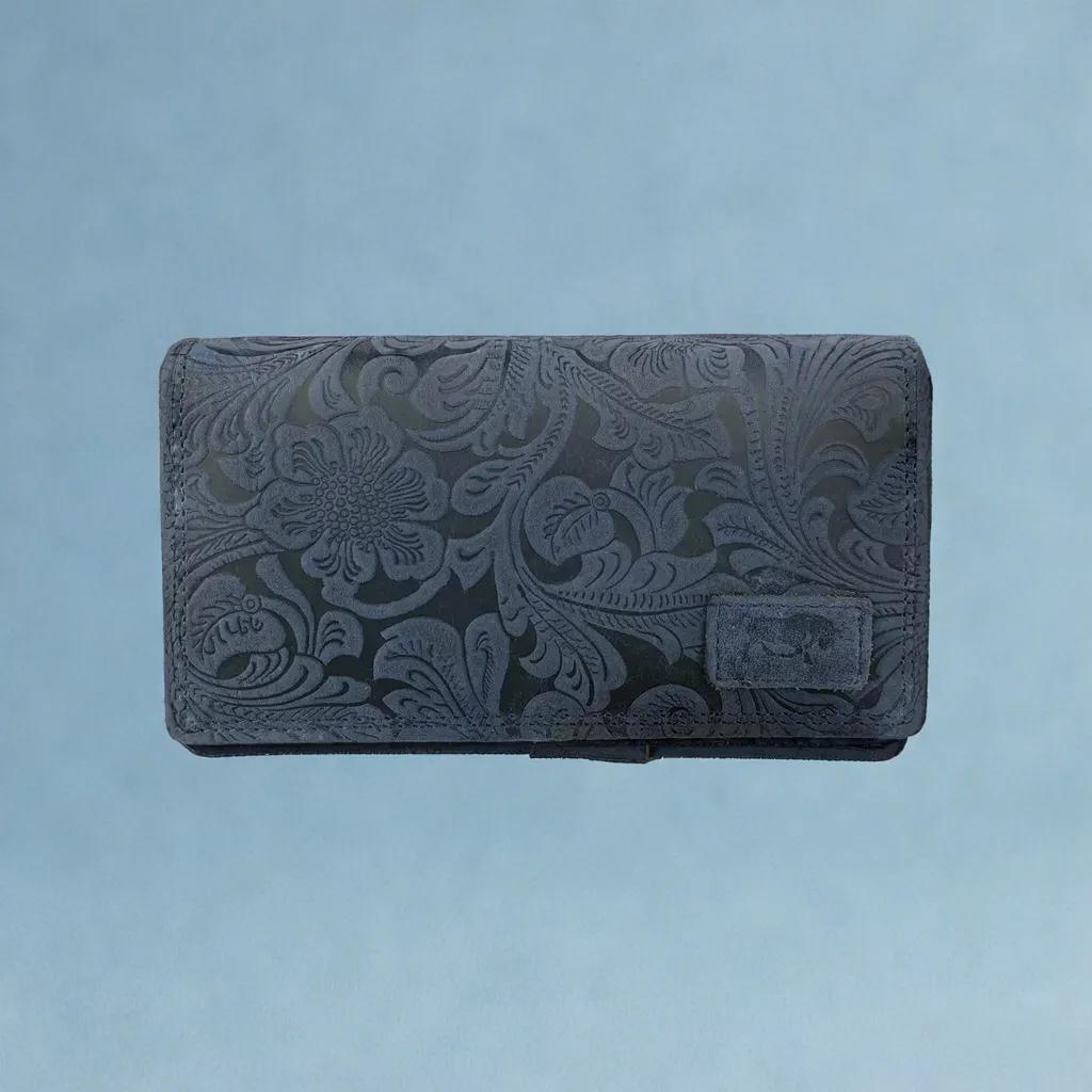 Damesportemonnee met bloemenprint donkerblauw met anti-skim functie - Arrigo.nl