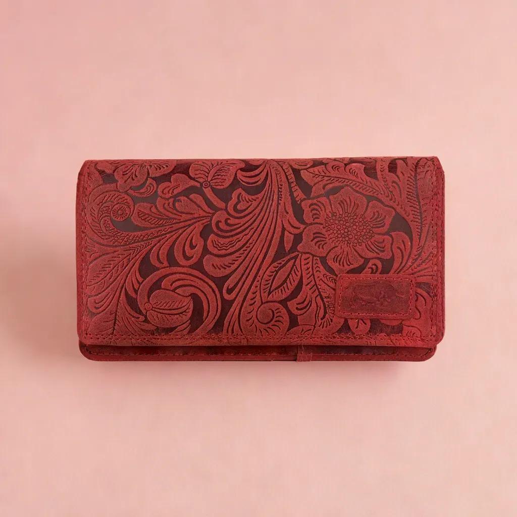Damesportemonnee met bloemenprint rood met anti-skim functie - Arrigo.nl