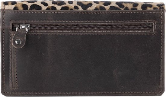 Damesportemonnee van donkerbruin leer met RFID-bescherming in cheetaprint - Arrigo.nl