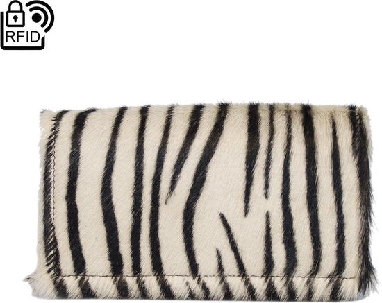 Damesportemonnee van donkerbruin zebraprint buffelleer met dierenprint en anti-skim bescherming - Arrigo.nl