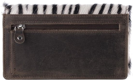 Damesportemonnee van donkerbruin zebraprint buffelleer met dierenprint en anti-skim bescherming - Arrigo.nl