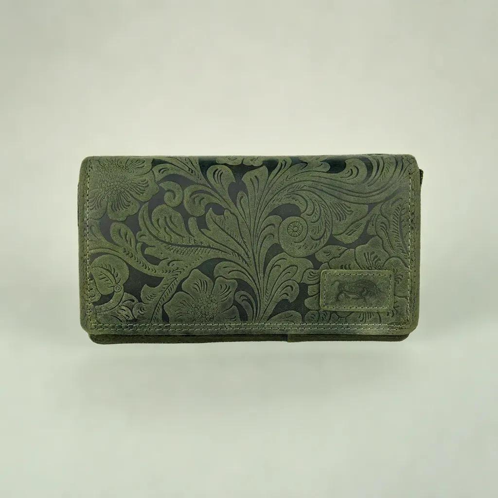 Damesportemonnee van groen leer met bloemenprint en RFID-bescherming - Arrigo.nl