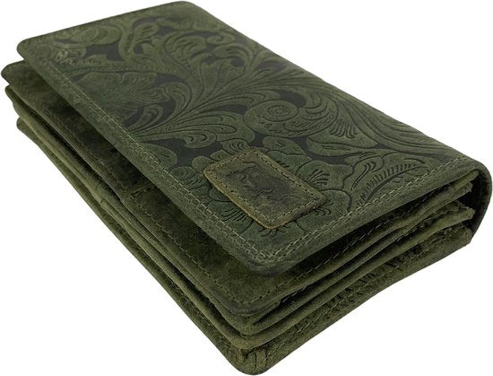 Damesportemonnee van groen leer met bloemenprint en RFID-bescherming - Arrigo.nl