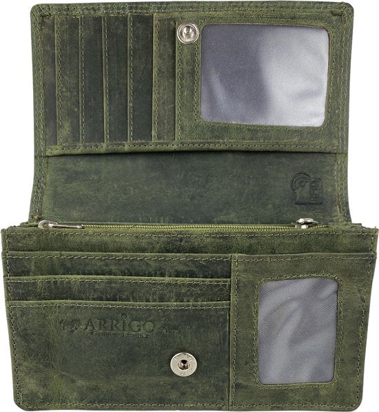Damesportemonnee van groen leer met bloemenprint en RFID-bescherming - Arrigo.nl