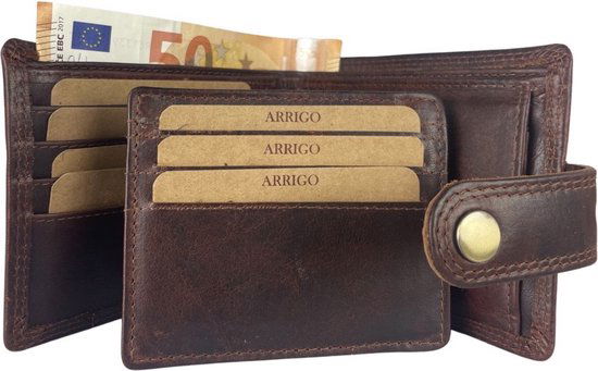 Deze compacte bruine heren portemonnee is dubbel gestikt langs de buitenranden - Arrigo.nl