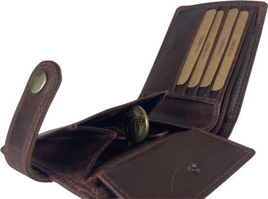 Deze compacte bruine heren portemonnee is dubbel gestikt langs de buitenranden - Arrigo.nl