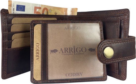 Deze compacte bruine heren portemonnee is dubbel gestikt langs de buitenranden - Arrigo.nl