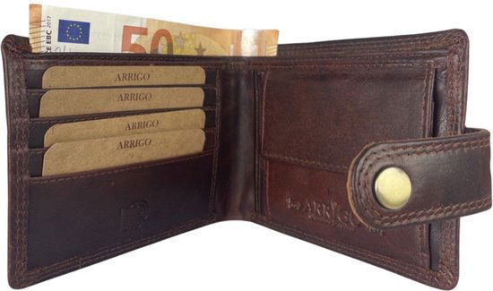 Deze compacte bruine heren portemonnee is dubbel gestikt langs de buitenranden - Arrigo.nl