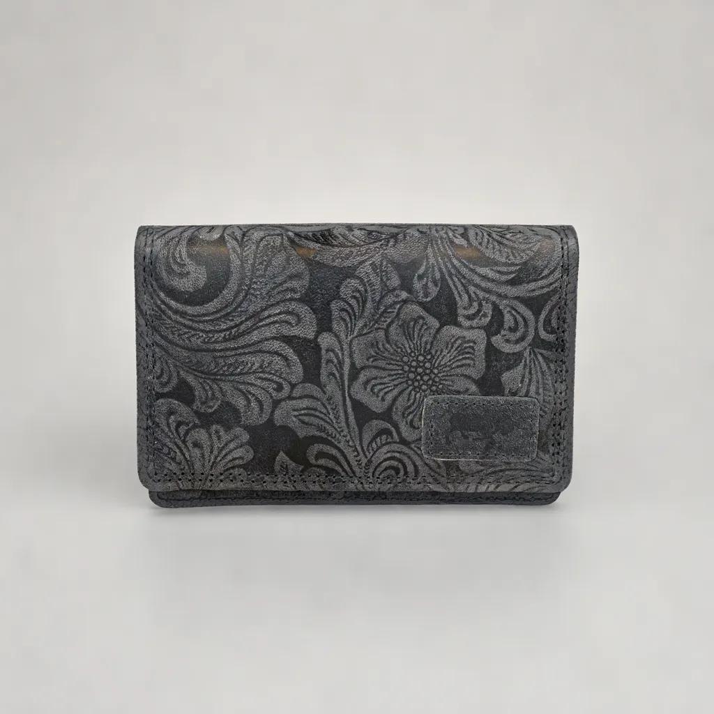 Donderblauwe rfid dames portemonnee leer met bloemenprint - Arrigo.nl