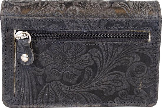 Donderblauwe rfid dames portemonnee leer met bloemenprint - Arrigo.nl