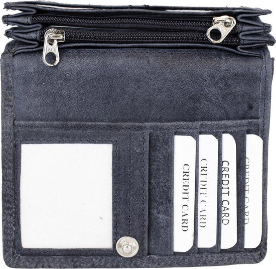 Donderblauwe rfid dames portemonnee leer met bloemenprint - Arrigo.nl