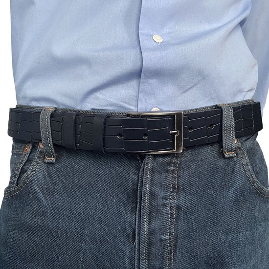 Donkerblauw leren riem van 3 5 cm breed met kroko - Arrigo Leather Goods