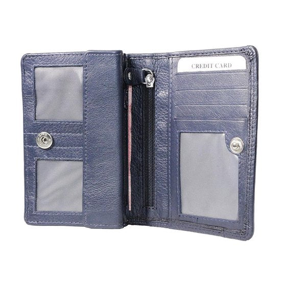 Donkerblauwe dames portemonnee leer rfid met klepje voor kleingeld portemonnee - Arrigo Leather Goods