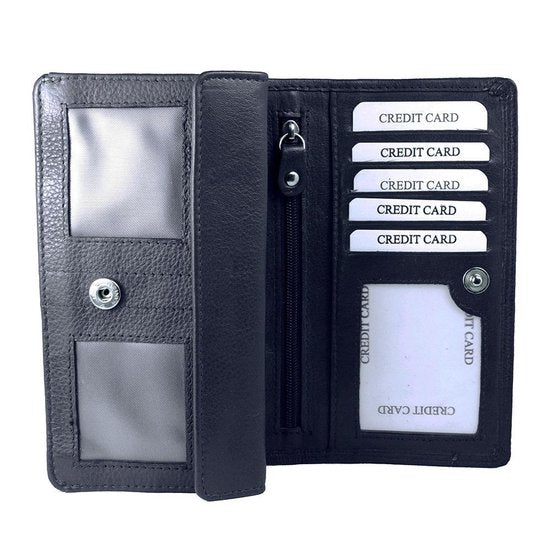 Donkerblauwe leren damesportemonnee met RFID-bescherming in harmonica-model - Arrigo.nl