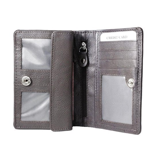 Donkerbruine dames portemonnee leer met klepje voor kleingeld portemonnee dames - Arrigo.nl