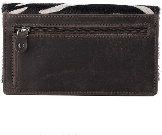 Donkerbruine leren damesportemonnee met dierenprint en anti-skim bescherming - Arrigo.nl