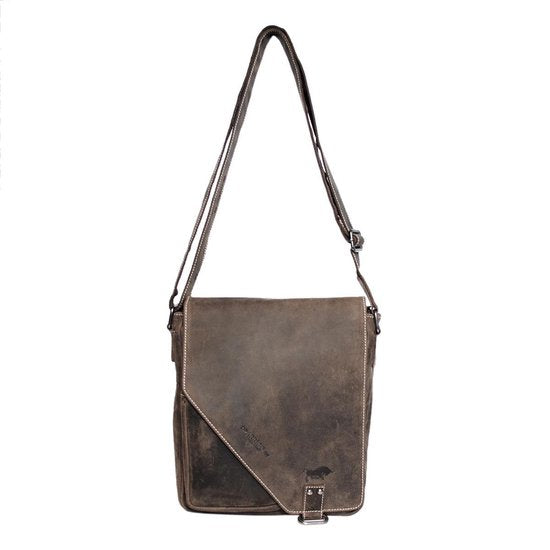 Donkerbruine schoudertas leer met een overslag klep en twee magneetsluitingen - Arrigo.nl