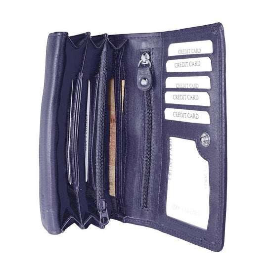 Donkerpaarse leren damesportemonnee met RFID-bescherming in harmonica-model - Arrigo.nl