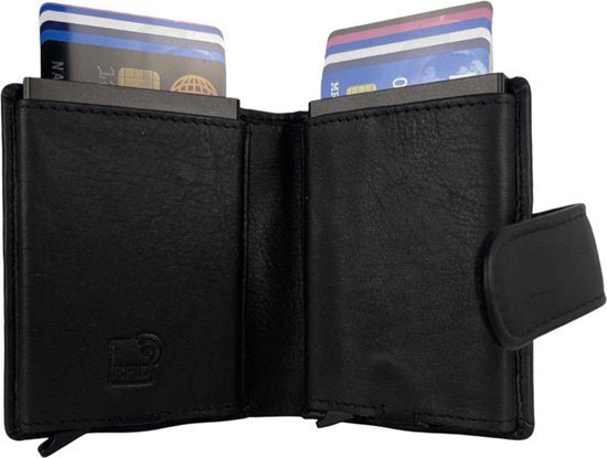 Dubbele creditcard houder pasjeshouder uitschuifbaar zwart leer rfid muntgeld ritsvak - Arrigo Leather Goods